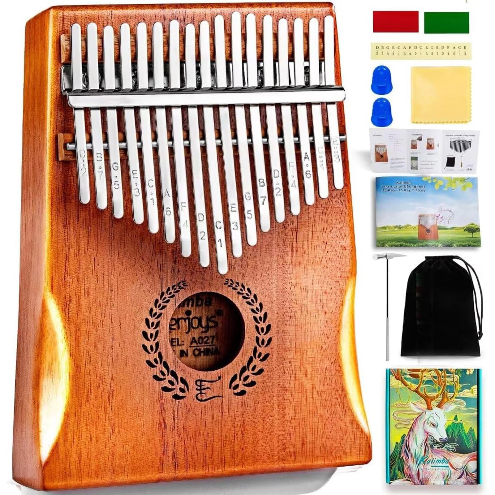 Everjoys Kalimba Thumb Piano 17 Keys, Professional Musical Instrument Finger Piano Marimbas with Portable Soft Cloth Bag, Fast to Learn Songbook, Tuning Hammer, All in One Kit