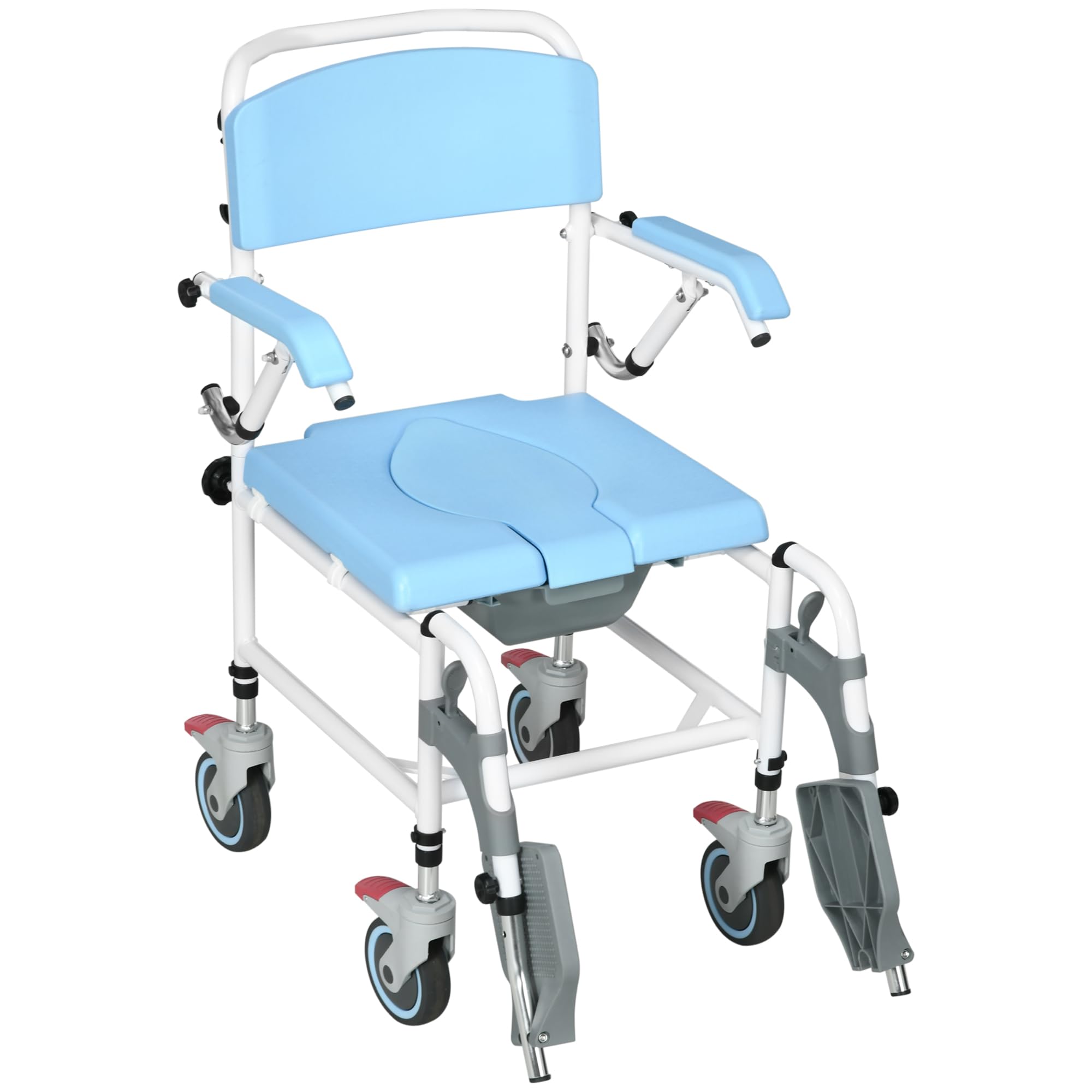 HOMCOM Accessibility Commode Wheelchair, Rolling Shower Wheelchair with 4 Castor Wheels, Rectangle Detachable Bucket, & Waterproof Design, 17" Seat Width, Blue