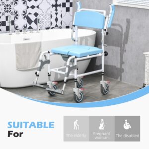 HOMCOM Accessibility Commode Wheelchair, Rolling Shower Wheelchair with 4 Castor Wheels, Rectangle Detachable Bucket, & Waterproof Design, 17" Seat Width, Blue