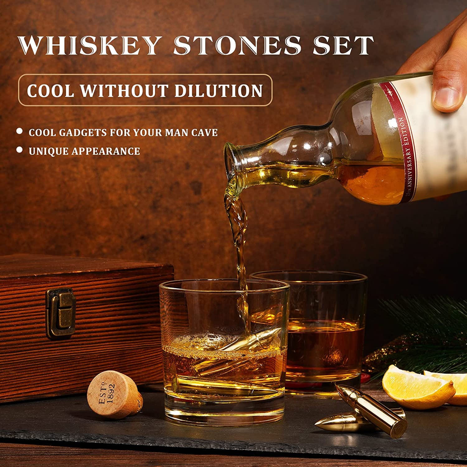 Gifts for Men Dad, Whiskey Gifts for Him, Metal Whiskey Stones, Unique Birthday Ideas for Him Boyfriend Husband Grandpa Brother Presents Cool Gadgets Anniversary Retirement