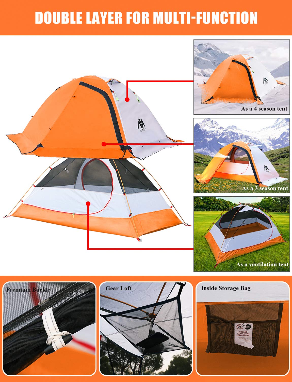 AYAMAYA 4 Season Backpacking Tent 2 Person Camping Tent Ultralight Waterproof All Weather Double Layer Two Doors Easy Setup 1 2 People Man Tents for Backpacker Outdoor Hiking