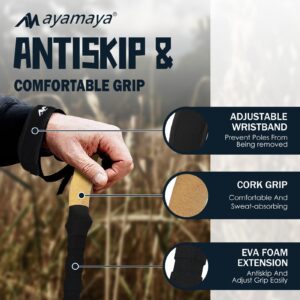 Carbon Fiber Trekking Poles -AYAMAYA Collapsible Lightweight Hiking Walking Sticks with Natural Cork Grips, Quick Locks 4 Season Terrain Accessories Shock-Absorbent for Women Men Kids Seniors Balance