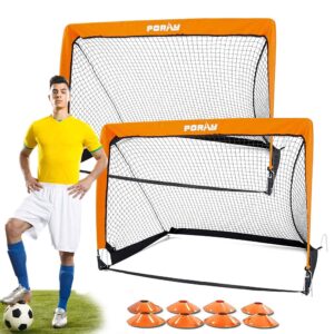 poray portable soccer goal net for kids & adults,set of 2,pop up 4ft soccer goal with 210d oxford & 8 field marker cones & extra stakes,birthday gift & fun for backyard and soccer training