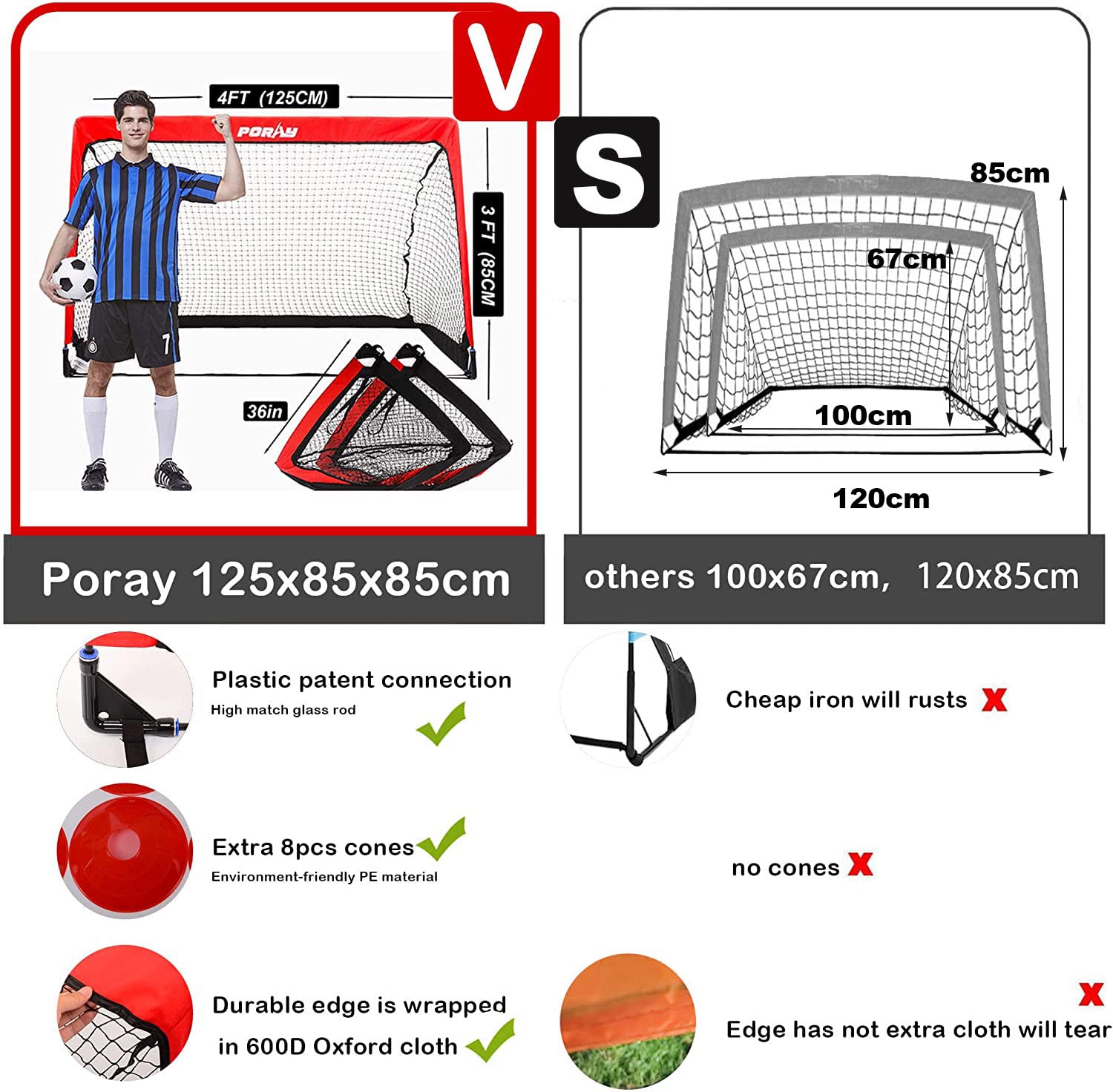 Poray Portable Soccer Goal Net for Kids & Adults,Set of 2,Pop Up 4FT Soccer Goal with 210D Oxford & 8 Field Marker Cones & Extra Stakes,Birthday Gift & Fun for Backyard and Soccer Training