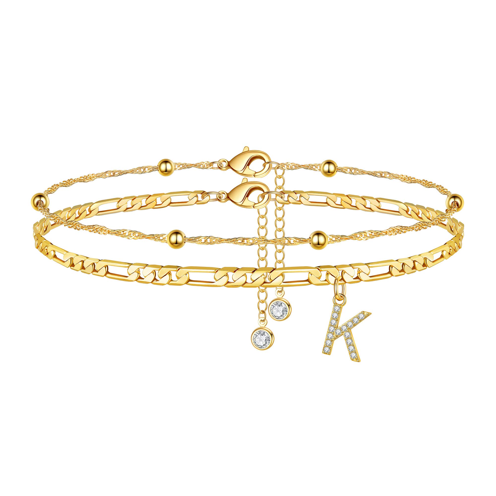 Ursteel Initial Ankle Bracelets for Women, 14K Gold Plated Ankle Bracelet with Initial K Dainty Adjustable Beaded Chain Chain Gold Anklets for Women Jewelry Gifts for Women