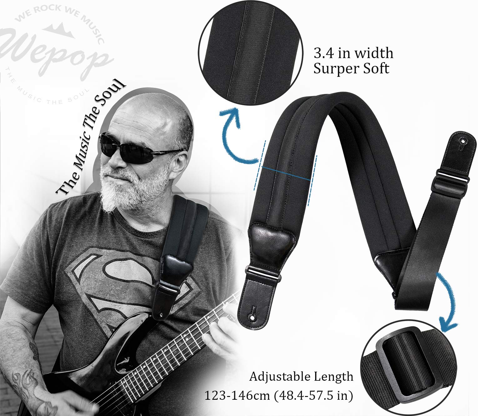 Wepop Guitar Strap Elastic Soft Comfortable Neoprene Leather 3.4in Bass Acoustic Electric Guitar (391)