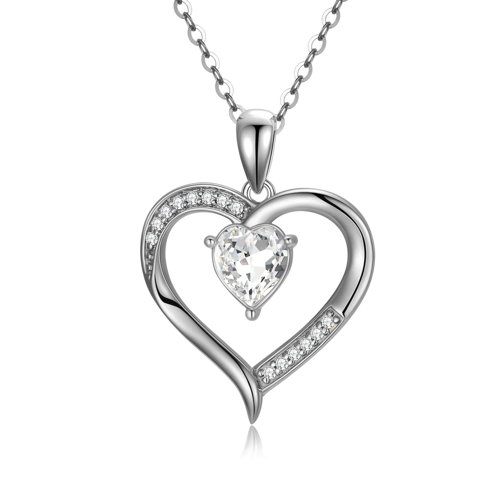 14K Solid Gold Heart Necklace for Her, White Gold "Love You Forever" Crystal Heart Pendant Jewelry Love Gift for Mom/Wife/Girlfriend 16"-18"