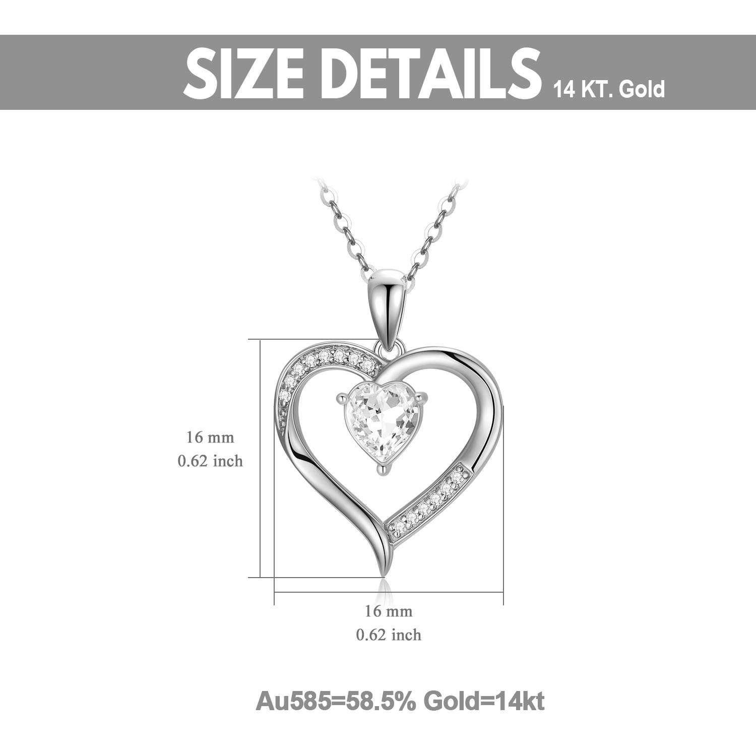 14K Solid Gold Heart Necklace for Her, White Gold "Love You Forever" Crystal Heart Pendant Jewelry Love Gift for Mom/Wife/Girlfriend 16"-18"