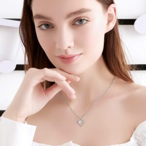 14K Solid Gold Heart Necklace for Her, White Gold "Love You Forever" Crystal Heart Pendant Jewelry Love Gift for Mom/Wife/Girlfriend 16"-18"