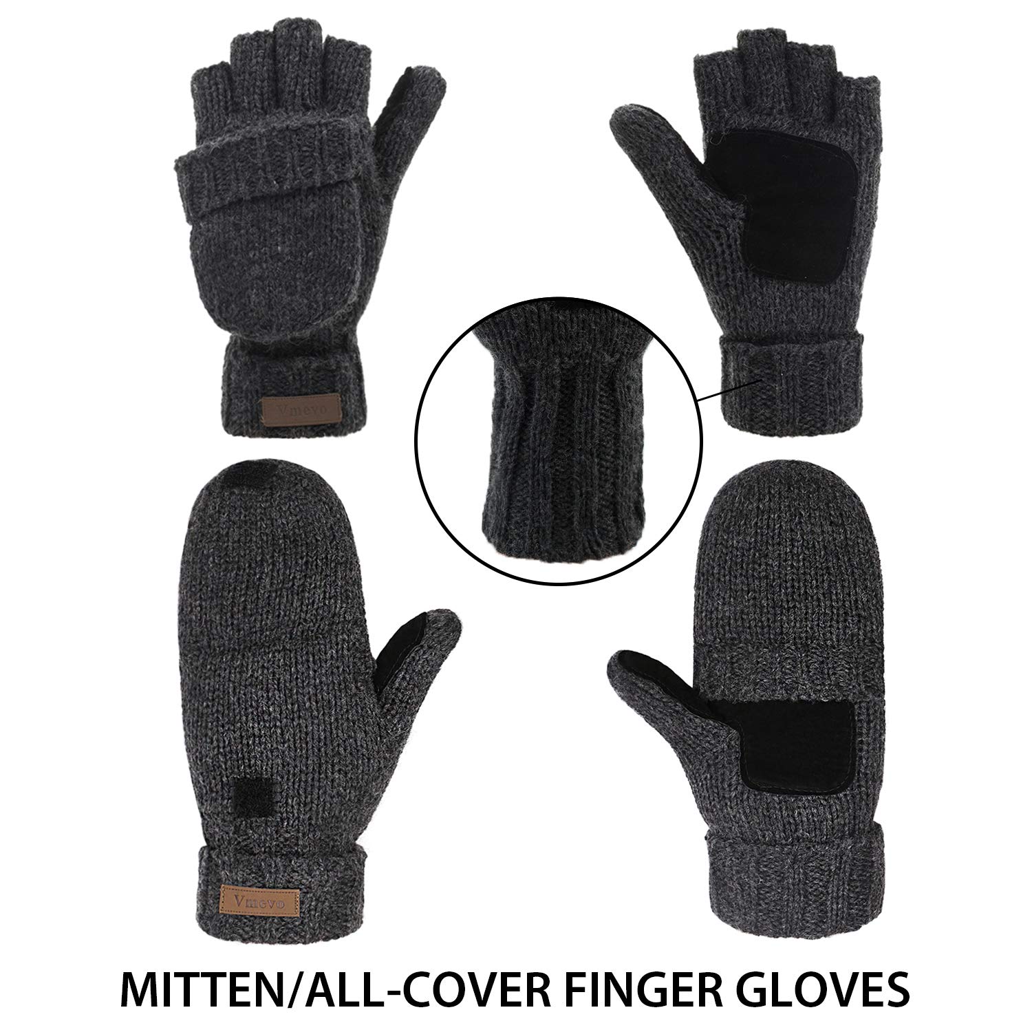 ViGrace Winter Knitted Convertible Fingerless Gloves Wool Mittens Warm Mitten Glove for Women and Men