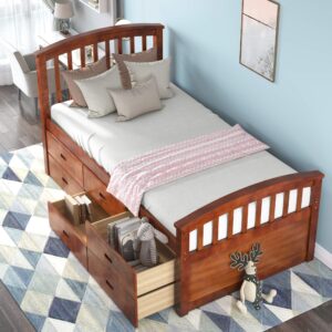 Merax Platform Storage Bed Solid Wood Bed Frame for Boys Girls Kids Adults Toddler with 6 Drawers Twin Size