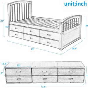 Merax Platform Storage Bed Solid Wood Bed Frame for Boys Girls Kids Adults Toddler with 6 Drawers Twin Size