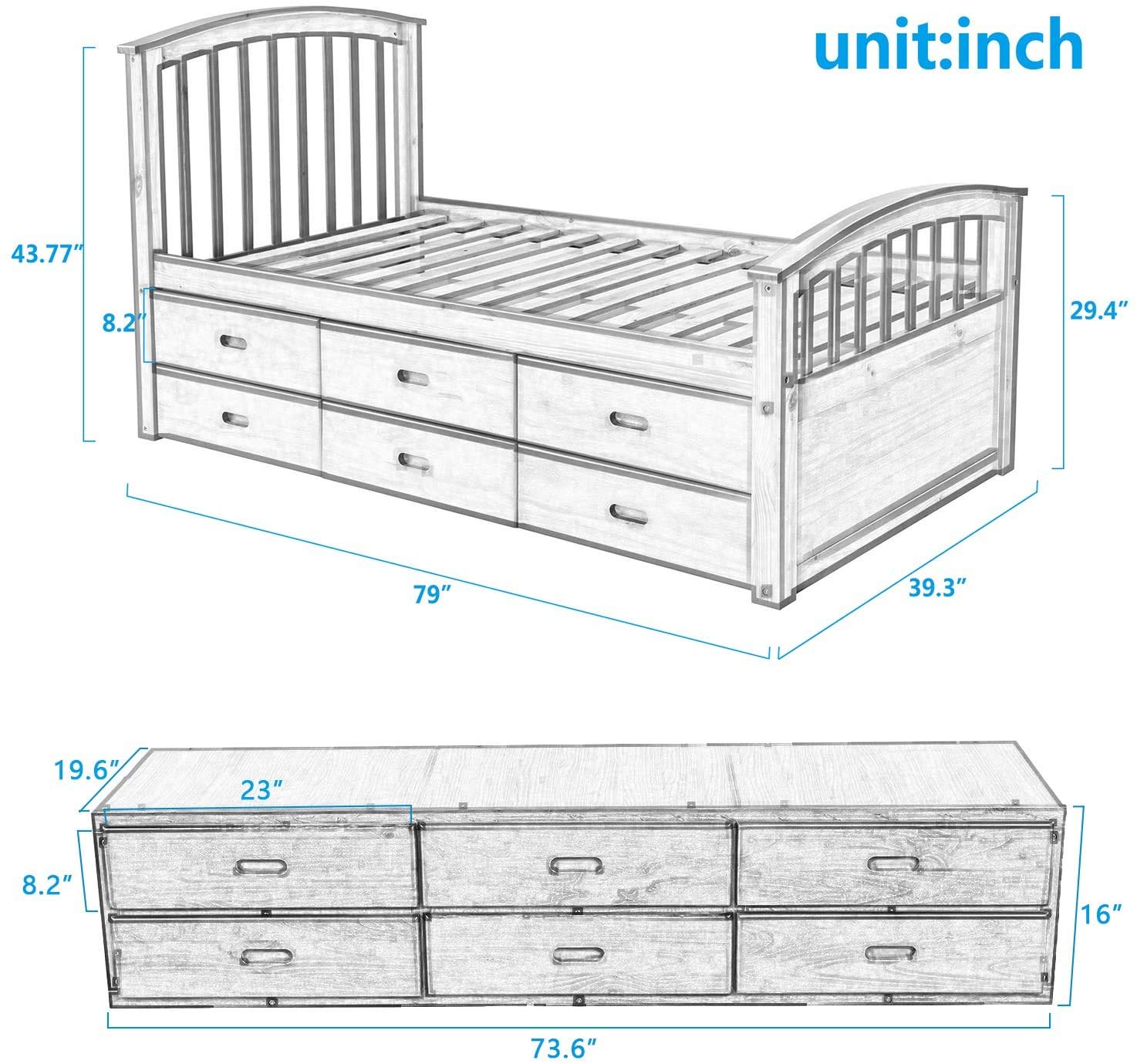 Merax Platform Storage Bed Solid Wood Bed Frame for Boys Girls Kids Adults Toddler with 6 Drawers Twin Size