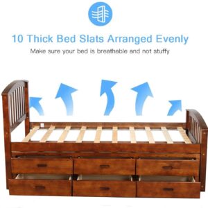 Merax Platform Storage Bed Solid Wood Bed Frame for Boys Girls Kids Adults Toddler with 6 Drawers Twin Size