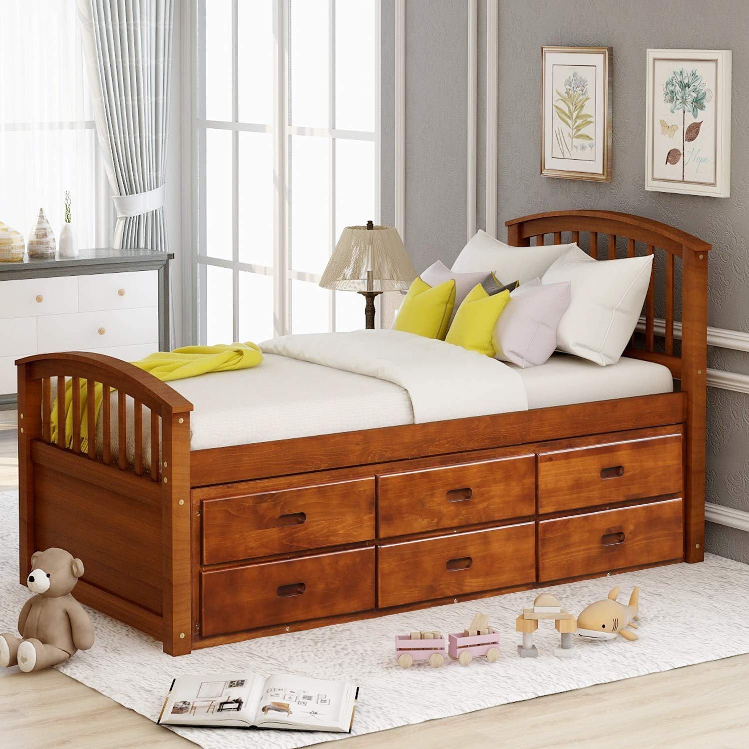 Merax Platform Storage Bed Solid Wood Bed Frame for Boys Girls Kids Adults Toddler with 6 Drawers Twin Size