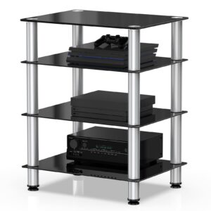 FITUEYES 4-Tier Media Stand Audio/Video Component Cabinet with Glass Shelf for/Apple Tv/Xbox One/ps4 Panda Silver Color