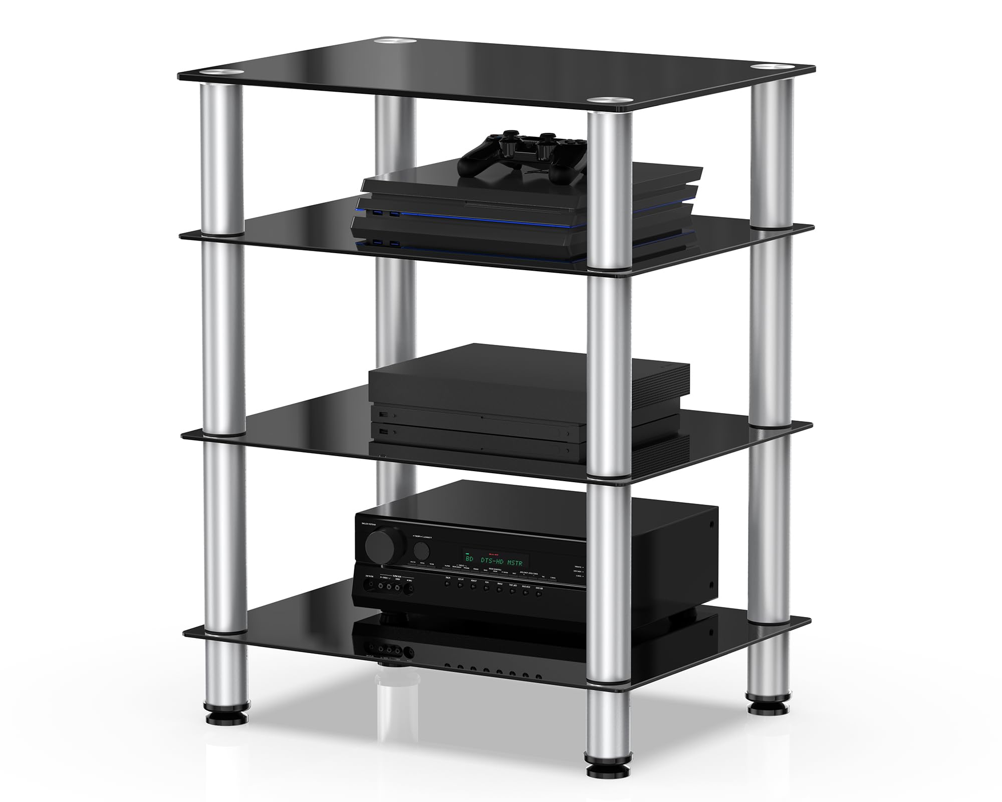 FITUEYES 4-Tier Media Stand Audio/Video Component Cabinet with Glass Shelf for/Apple Tv/Xbox One/ps4 Panda Silver Color