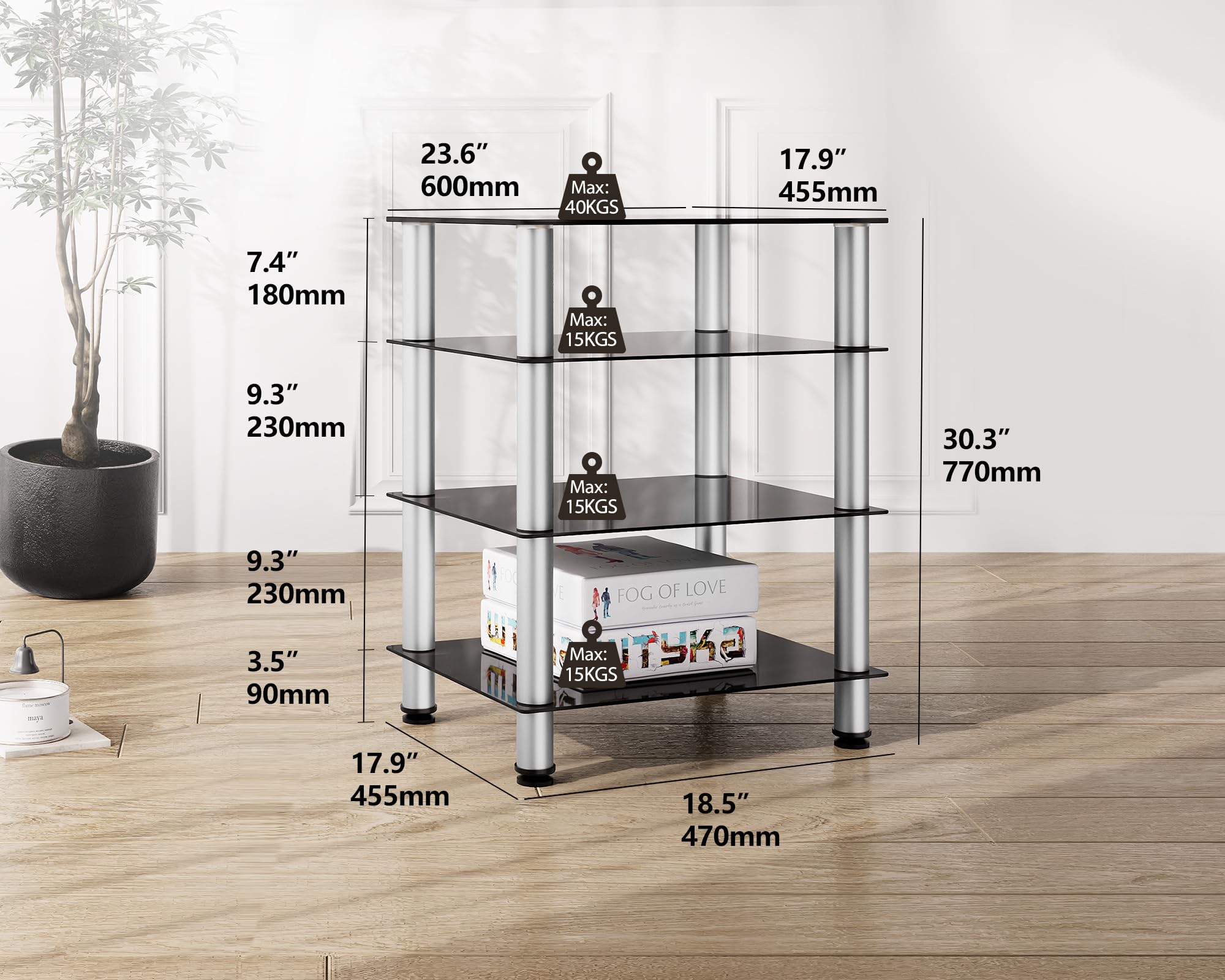 FITUEYES 4-Tier Media Stand Audio/Video Component Cabinet with Glass Shelf for/Apple Tv/Xbox One/ps4 Panda Silver Color