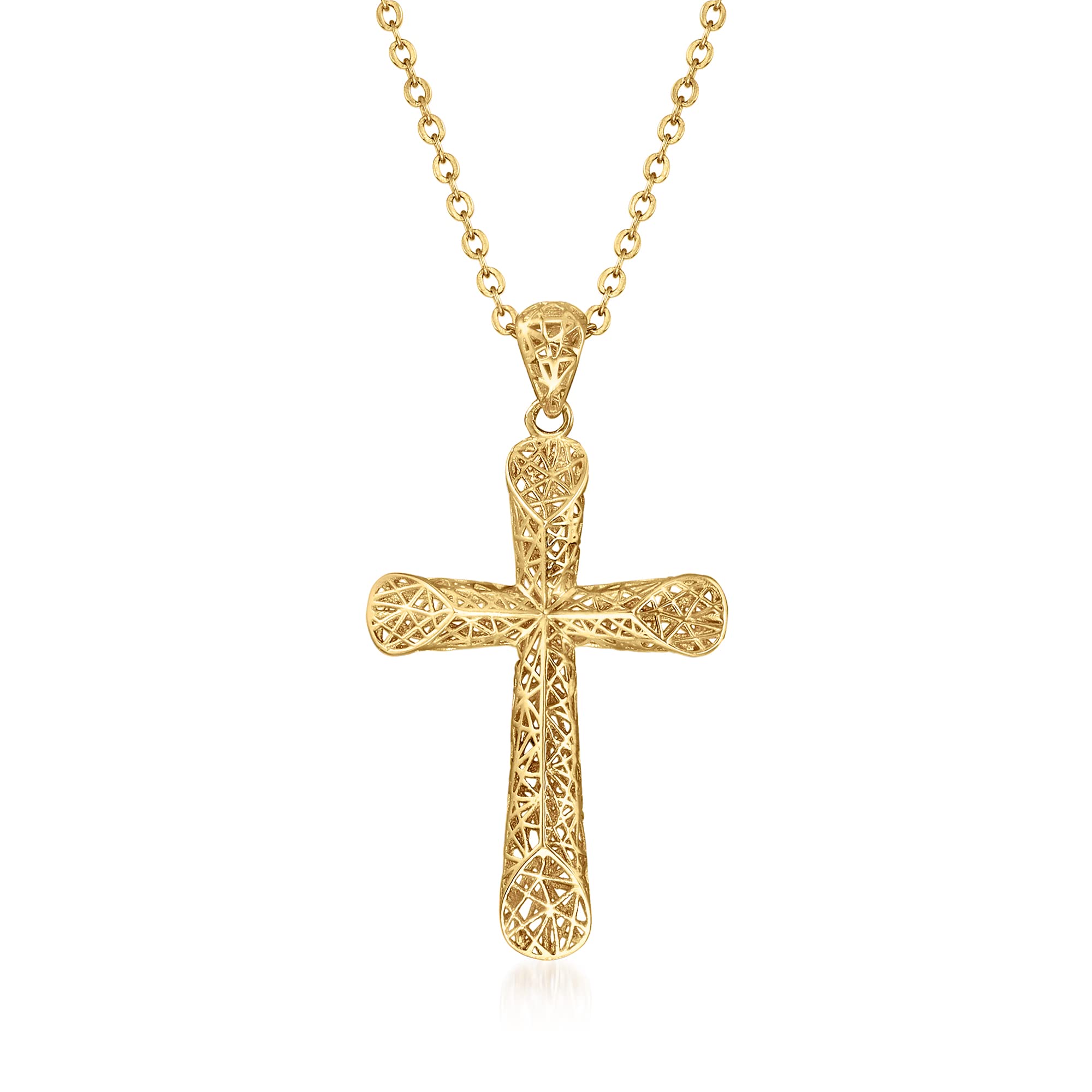 Ross-Simons 14kt Yellow Gold Openwork Cross Pendant Necklace. 18 inches