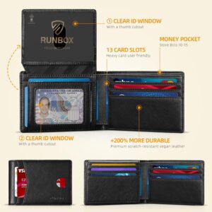 RUNBOX Slim Wallet for Men's Leather Bifold RFID Blocking Wallet with 2 ID Windows Gift Box