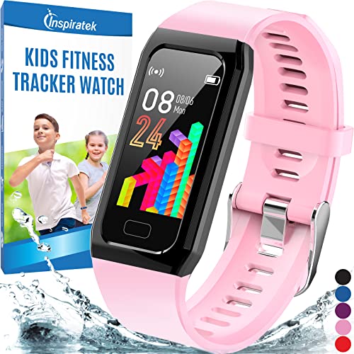 Inspiratek Kids Fitness Tracker for Girls and Boys Age 5-16 (5 Color)- Waterproof Fitness Watch for Kids with Heart Rate Monitor, Sleep Monitor, Calorie Counter and More - Kids Activity Tracker (Pink)