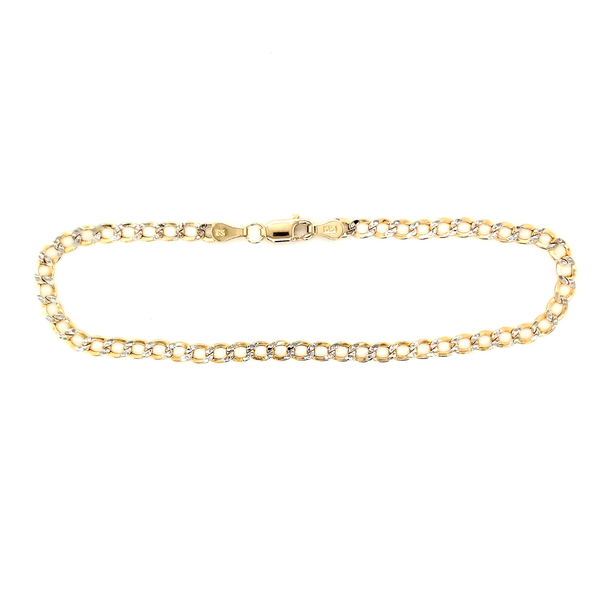 Real 10k Two Tone (Yellow & White) Gold Hollow Curb Cuban Link Anklet Beach Bracelet 3.5mm,10 Inch for Women