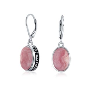 3Ct Natural Pink Rhodochrosite Dome Oval Western Style Bezel Set Lever Back Dangle Earrings For Women .925 Sterling Silver