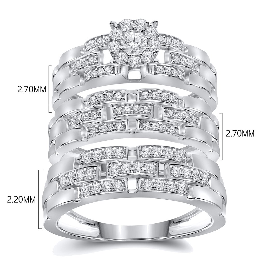 Elmas 3/4ct Round White CZ Cubic Zirconia 925 Sterling Silver Trio Wedding Engagement Bridal Ring Set for Him and Her