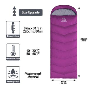 Friendriver XL Size Widened Upgraded Version of Camping Sleeping Bag 4 Seasons Warm and Cool, Lighter Weight, Adults and Children Can Use Waterproof Camping Bag, Travel and Outdoor Activities(Purple)