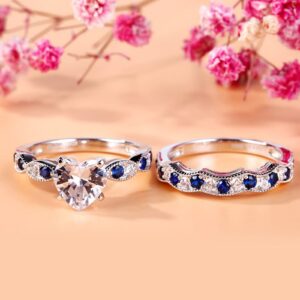 Jeulia 3 Carat CZ Solitaire Engagement Rings Halo Milgrain Heart Cut Sterling Silver Ring Set Promise Engagement Wedding Anniversary Rings Bridal Sets for Women (Blue, 7)