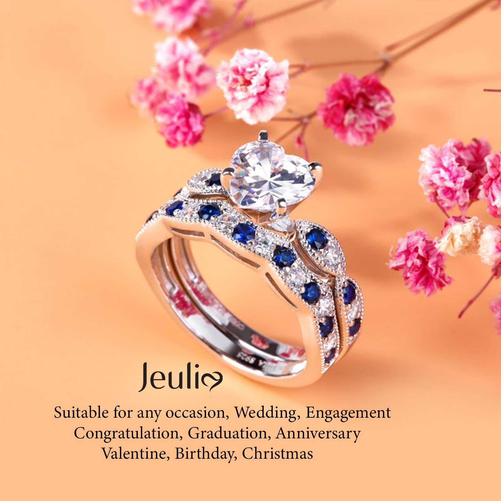 Jeulia 3 Carat CZ Solitaire Engagement Rings Halo Milgrain Heart Cut Sterling Silver Ring Set Promise Engagement Wedding Anniversary Rings Bridal Sets for Women (Blue, 7)