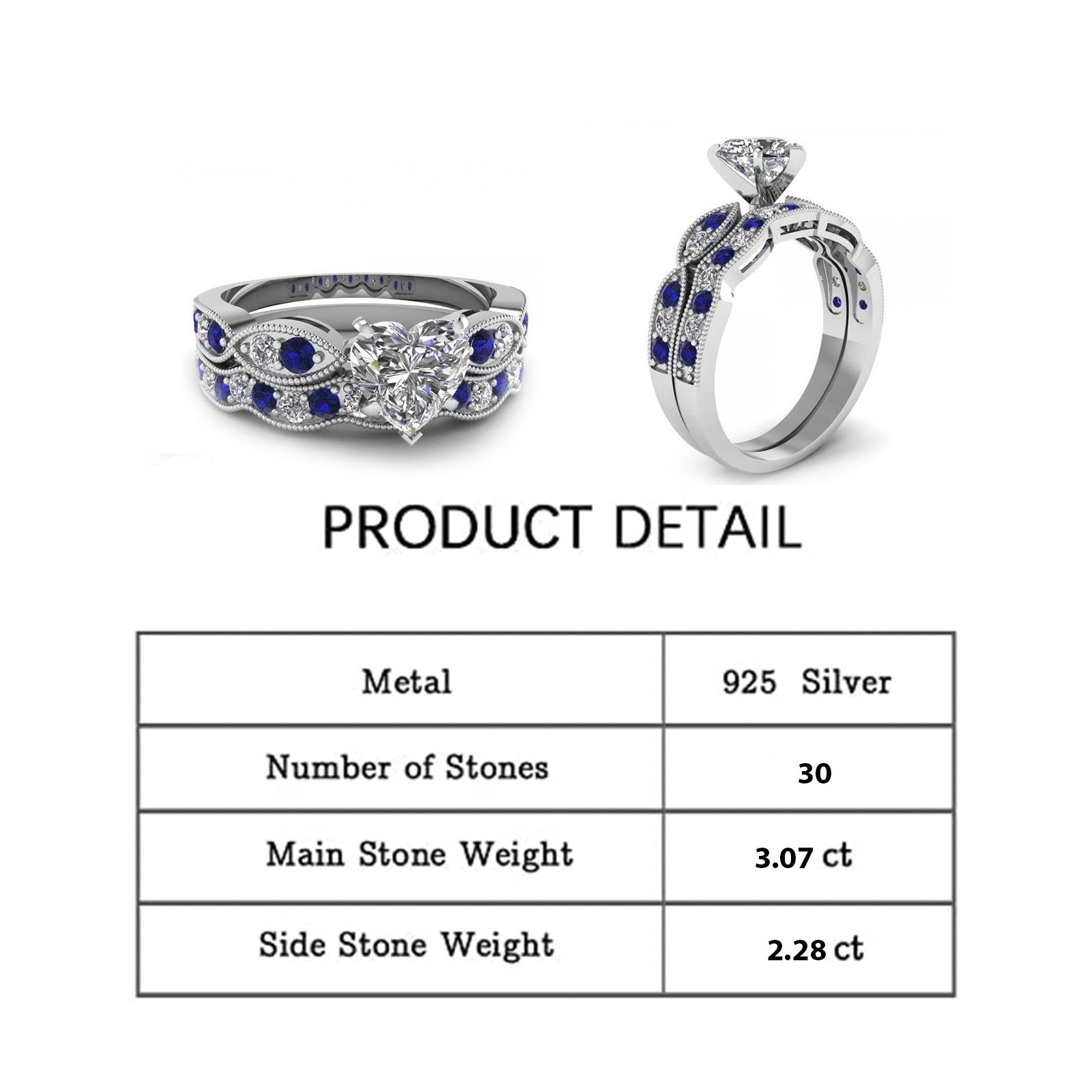 Jeulia 3 Carat CZ Solitaire Engagement Rings Halo Milgrain Heart Cut Sterling Silver Ring Set Promise Engagement Wedding Anniversary Rings Bridal Sets for Women (Blue, 7)