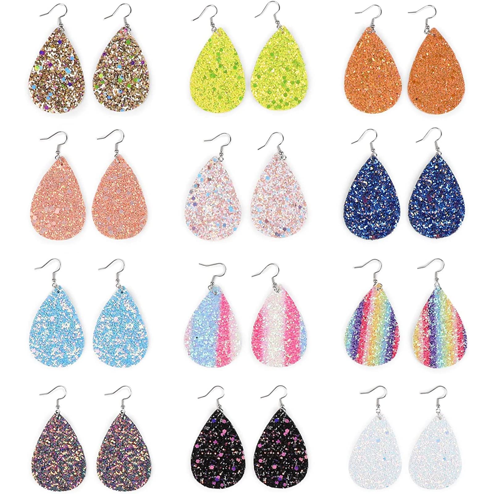 Glamlily Glitter Teardrop Earrings, 12 Assorted Designs (1.5 x 2.2 In, 12 Pairs)