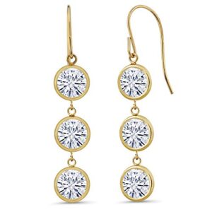 14k yellow gold forever classic moissanite by charles & colvard dangle long 3-stone earrings for women (3.00 cttw, gemstone birthstone, round 5mm, 1 inch)