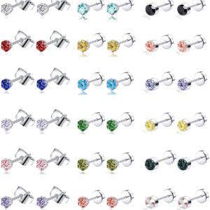 Tornito 20G 18 Pairs Stainless Steel Multicolor CZ Stud Earrings Set Piercing Cartilage Helix Earrings Set Screwback for Women 3MM-5MM