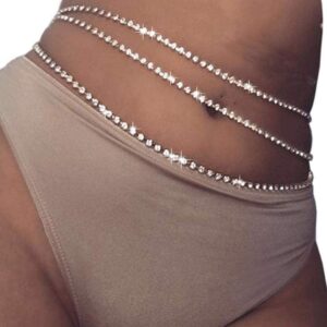 Reetan Boho Crystal Waist Chain Silver Belly Chain Body Chain Rave Body Jewelry Party Nightclub Body Accessories for Women and Girls (Set1-Layered Crystal)