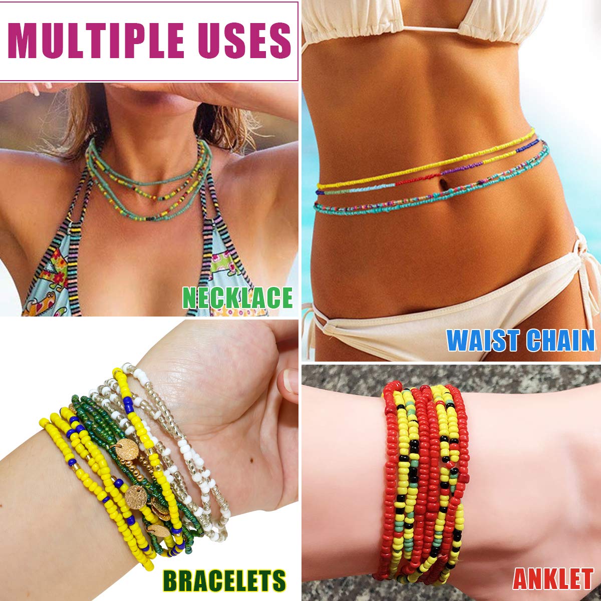 African Waist Beads for Women, 16Pack Colorful Belly Beads Plus Size Layered Body Chain Adjustbable Body Beads Waist Jewelry Stretching 33.5-39.37in