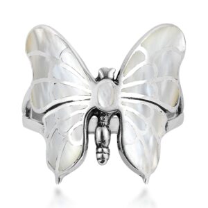 AeraVida Exotic Graceful Butterfly White Mother of Pearl Inlay .925 Sterling Silver Ring