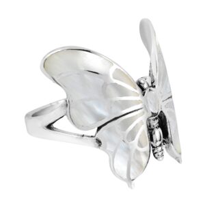 AeraVida Exotic Graceful Butterfly White Mother of Pearl Inlay .925 Sterling Silver Ring