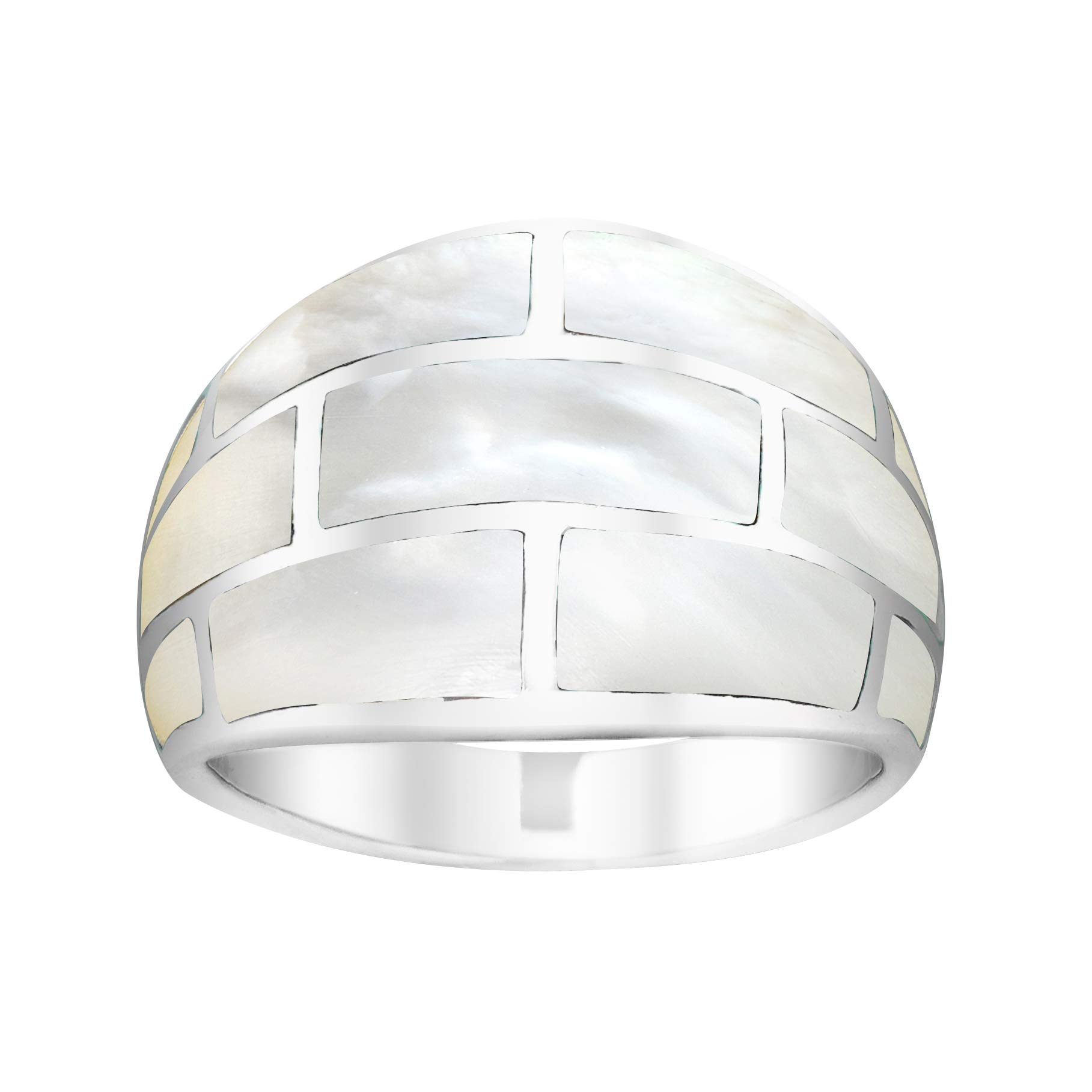 AeraVida Stunning Ocean Iridescence Brick Pattern of White Mother of Pearl Rectangle Inlays in Sterling Silver Wide Unisex Ring Size 7 for Everyday Fashion with a Modern Beach Vibe