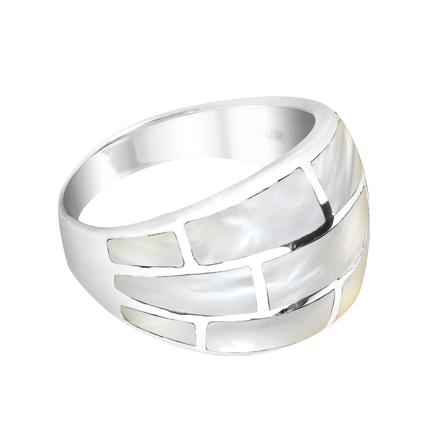 AeraVida Stunning Ocean Iridescence Brick Pattern of White Mother of Pearl Rectangle Inlays in Sterling Silver Wide Unisex Ring Size 7 for Everyday Fashion with a Modern Beach Vibe