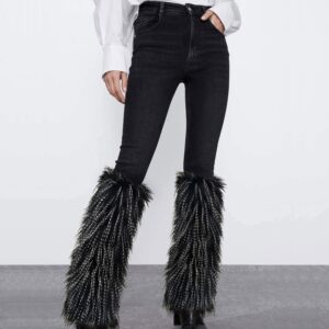 Zecmos womens Leg Warmers Faux Fur Fuzzy Long Cuff Cover Warm Furry Costume Shoes, Black and White, Medium