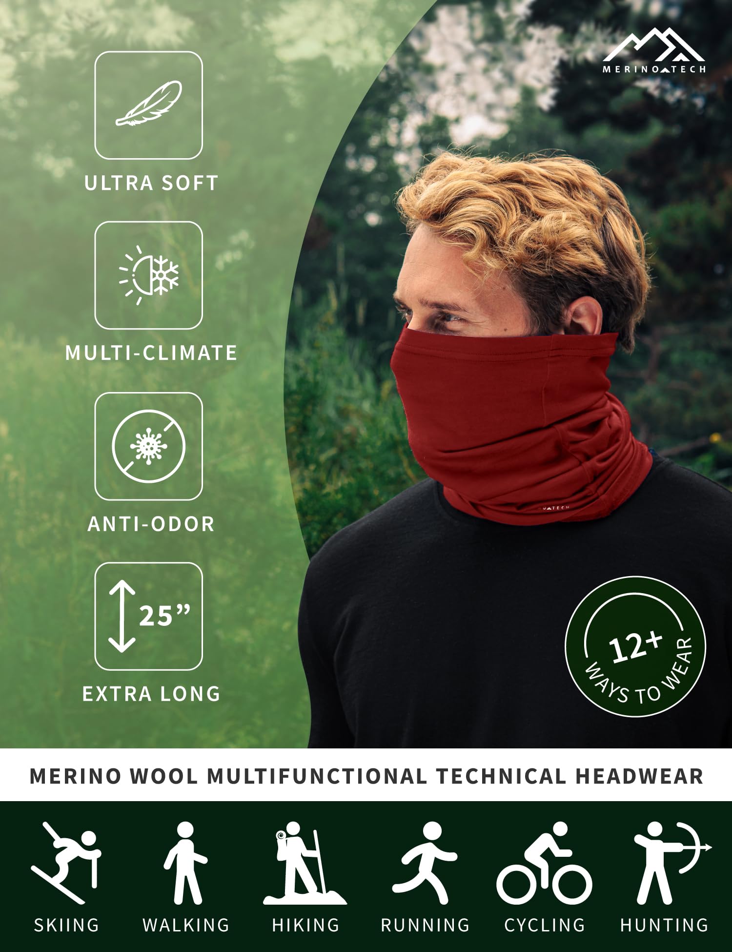 Merino.tech Merino Wool Ski Neck Gaiter - Face Mask Neck Warmer for Men & Women (Black)