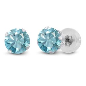 Gem Stone King 14K White Gold Blue Zircon Stud Earrings For Women | 1.00 Cttw | Round 4MM