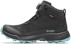 icebug womens stavre bugrip gtx hiking boot with carbide studded traction sole, black/jade mist, 9.5