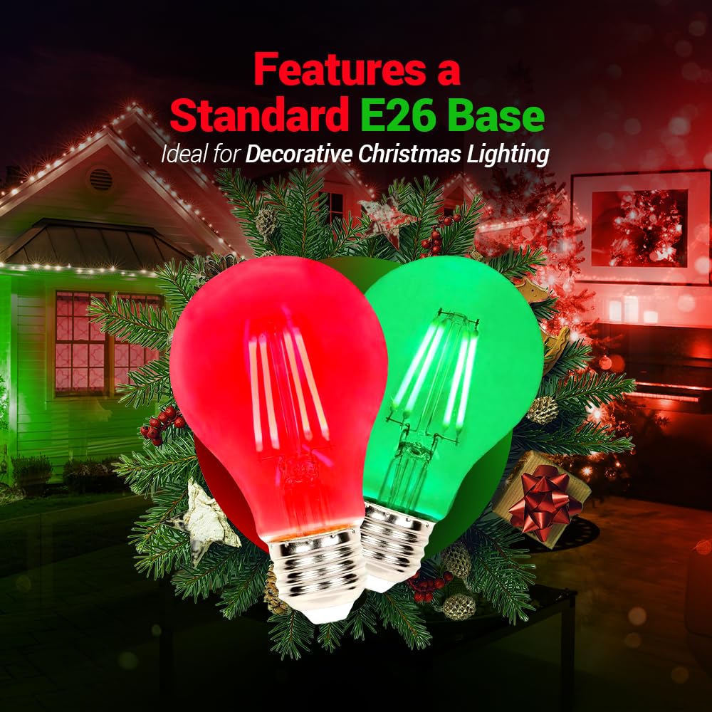 2 Pack Filament LED Red Light Bulbs Green Light Bulb – A19 E26 8W 60 Watt Equivalent Vintage LED Red Bulb LED Green Bulb Decorative Lighting for Party Decoration, Porch, Home, Christmas Light Bulbs