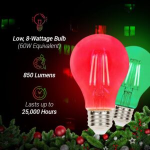 2 Pack Filament LED Red Light Bulbs Green Light Bulb – A19 E26 8W 60 Watt Equivalent Vintage LED Red Bulb LED Green Bulb Decorative Lighting for Party Decoration, Porch, Home, Christmas Light Bulbs