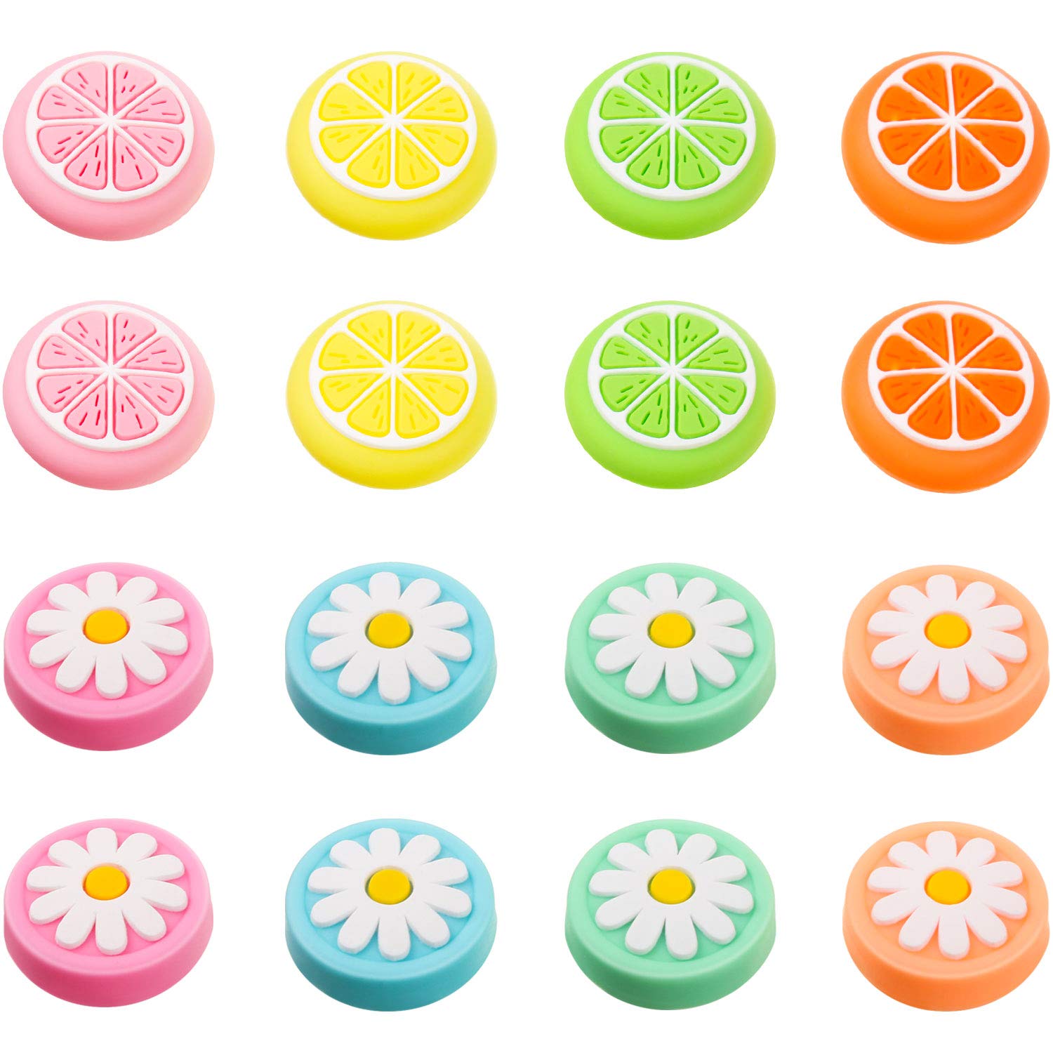 Sumind 16 Pieces Replacement Cute Fruit Lemon and Flower Design Thumb Grip Caps Analog Stick Cover Joystick Cap Soft Silicone Cover Compatible with Nintendo Switch, Switch Lite and Joy-Con Controller