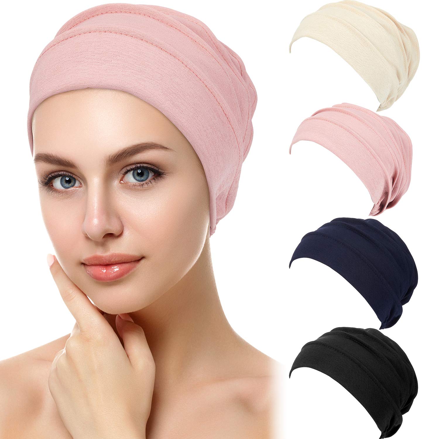 Syhood 4 Pieces Slouchy Beanies Hats Soft Cotton Sleep Cap Stretchy Sleeping Cap Headwear for Women (Black, Navy, Pink, Beige)