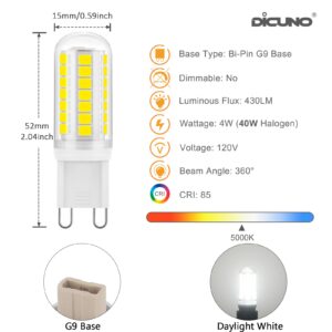 DiCUNO G9 LED Bulb Daylight White 5000K, 4W 40W Halogen Equivalent, Chandelier Light Bulbs T4 G9 Bi Pin Base, Non-dimmable 430LM Replacement for Bathroom Vanity Lights, Pendant Lighting, Pack of 6